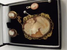 Cameo brooch and earring set