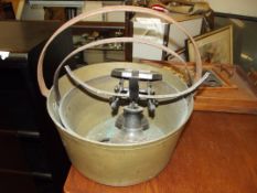 2 heavy brass jam pans together with scales and we