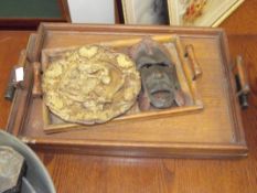 3 serving trays and treen