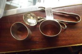 2 silver napkin rings, sugar sifter and a pair sug