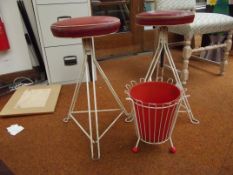 2 1950's stools together with a 1950's waste baske