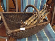Vintage basket together with a pegged coat hanger