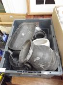 Box of old pewter and metal ware