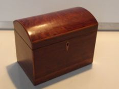 19th century mahogany tea caddy, hinged domed lid enclosing two compartments