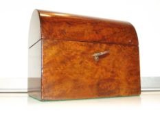 19th century burr walnut tea caddy, hinged and domed lid enclosing two compartments