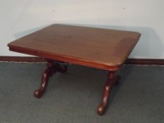 19th century mahogany library table, large proportion, rectangular top on baluster supports united