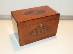 Early 19th century satinwood tea caddy with shell motif inlay, rectangular form, hinged lid