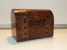Victorian Tunbridge style tea caddy in walnut, hinged domed lid enclosing two compartments