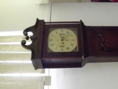 19th century long case mahogany clock, swan neck pediment, the dial with Roman numerals and