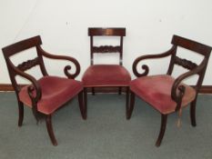 Set of six 19th century mahogany dining chairs, plain top rail over a rail centred with shell motif,