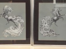 A pair of framed silver pictures of mythical horses indistinct signature