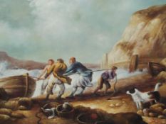 20th century oil on canvas, shore scene with dog and figures with fishing boat with cliffs in the