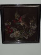 19th century Berlin woolwork, depicting an exotic bird landing with wings spread amongst flora,