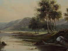 A. Harrison Barnes, oil on board, river and mountain scene, signed, 42cm x 66cm