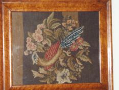 19th century Berlin woolwork, depicting an exotic bird perched and amongst flora, framed and glazed,