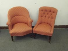 Victorian lady's and gentleman's matched chairs, each upholstered in salmon pink brocade, on