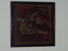 19th century Berlin woolwork , depicting a kitten playing with a ball, framed and glazed 32.5cm x