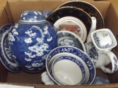 Assorted blue and white pottery to include a large