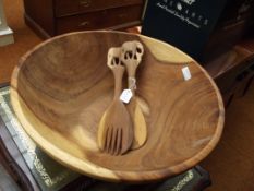 Large treen salad bowl with servers