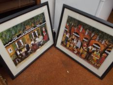 2x framed prints - cafe scene and market scene