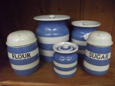 Two T.G Green storage jars with flower shaker, sug