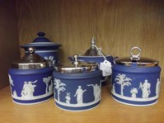 Five Wedgwood jasperware lidded jars, preserve pot