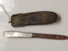Mother of pearl handle silver fruit knife with cas