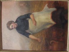 Framed oil on board, Edwardian, Seated farm worker