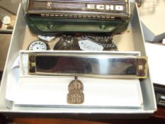 Box of collectables to include 2 mouth organs