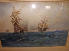 Watercolour seascape galleon battle, signed J.A. C