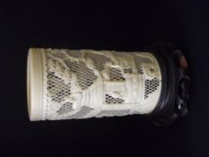 19th century Canton ivory brush pot, the body depi