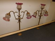 Pair of 3 branch brass ceiling lights with glass s