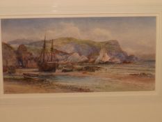 Watercolour cornish costal scene with boat, signed