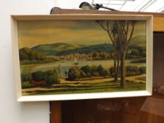 Framed oil on board lake scene