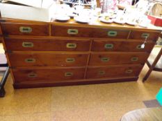 Campaign style low chest of 9 drawers in yew wood