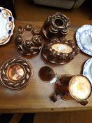 4x Victorian copper jelly moulds with a copper jug