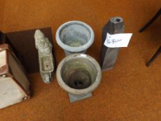 Two garden urns, water feature and a gnome