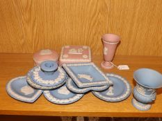 collection of blue and white Wedgewood and pink an