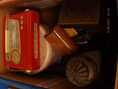 Box of vintage tins and a lantern