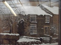 Ink and gouache picture, cottage scene, signed by