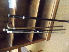 Three walking sticks to include one with antler ha