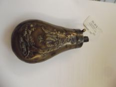 19th century brass powder flask, embossed body dep