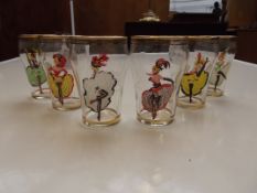Set of six retro glasses depicting Can Can dancers