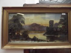 Framed oil on board depicting river and castle sce