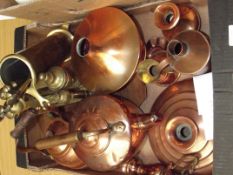 Assorted brass and copper ware to include a fire c