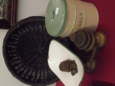 Vintage cake tin, a pair of balance scales togethe