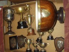 Various plated trophies to include an oak pedestal