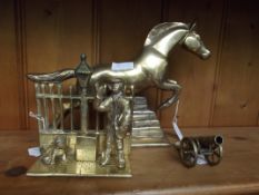 Large brass figure of a jumping horse together wit