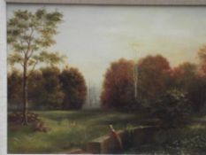 Framed oil on board landscape, pond and landscape