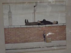 Framed Lowry print 'Man lying on a Wall'